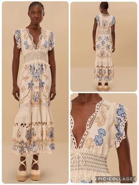 FARM Rio White Maxi Dress with Blue & Tan Embroidery